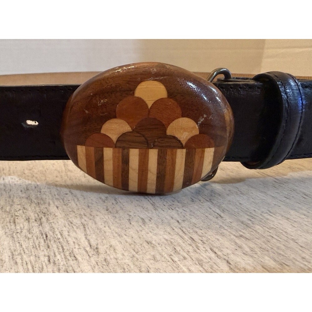 Vintage 1970s Wood Inlaid Scarab-Like Belt Buckle Geometric Marquetry Veneer Art